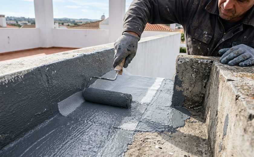 Caleiras na Hora — Waterproofing of concrete box gutters, internal gutters and roof terraces with reinforced liquid membrane in Leiria