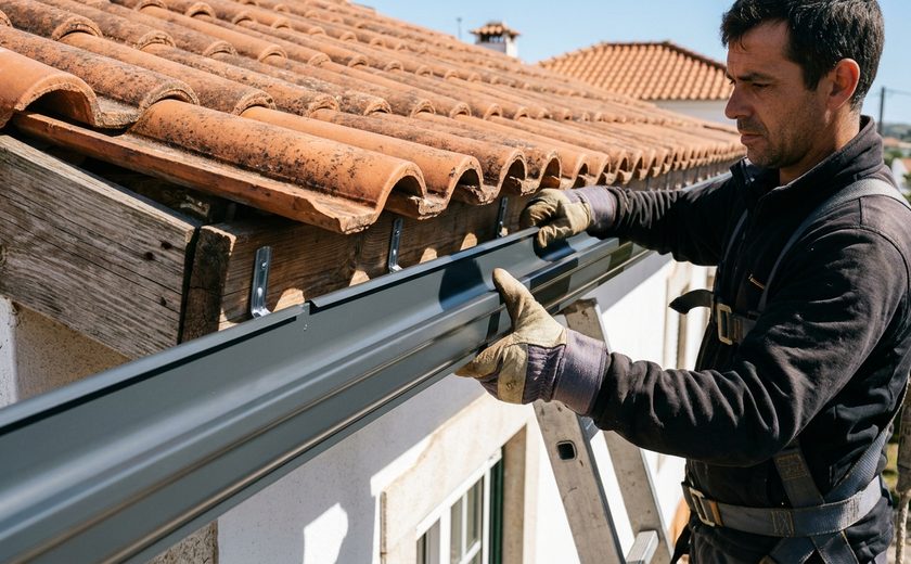 Caleiras na Hora — Seamless lacquered aluminum gutter and downspout installation on a tiled roof in Leiria